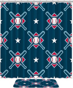 Baseball Blue Sport Print Shower Curtain- Waterproof Bathroom Curtain Decor