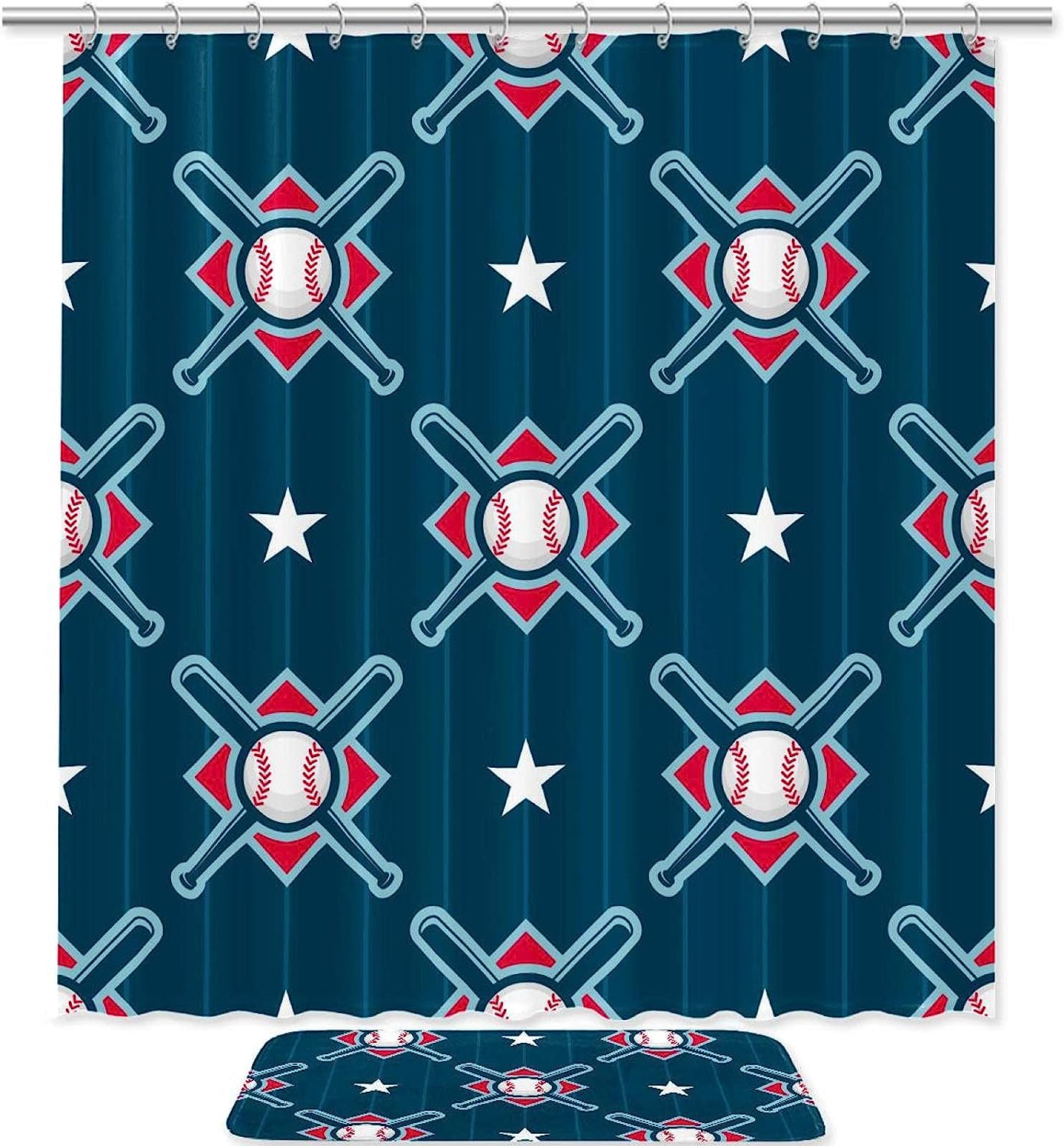 Baseball Blue Sport Print Shower Curtain- Waterproof Bathroom Curtain Decor