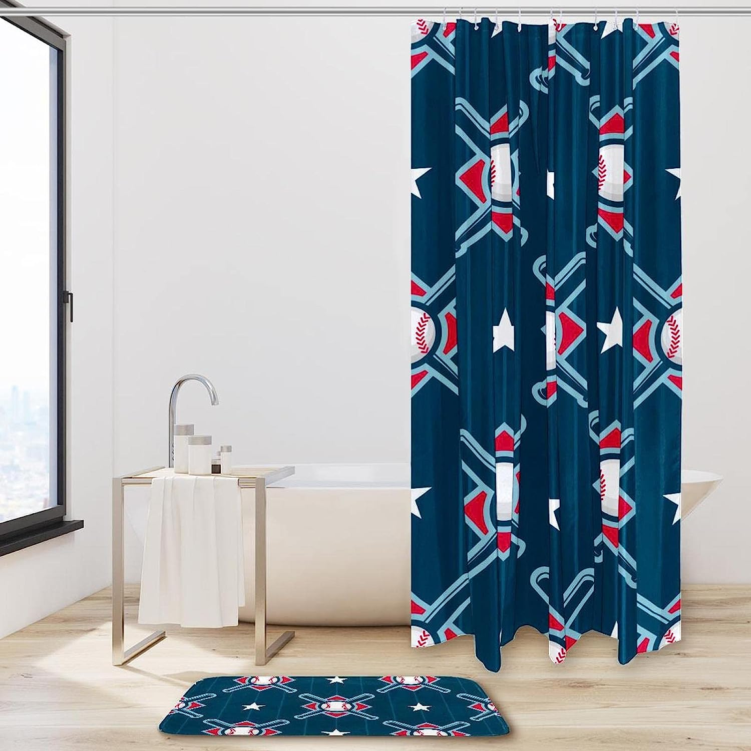 Baseball Blue Sport Print Shower Curtain- Waterproof Bathroom Curtain Decor - Image 2