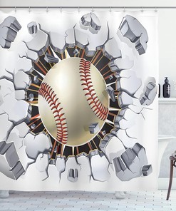 Baseball Concrete Wall Illustration Shower Curtain For Sports Bathroom Decor