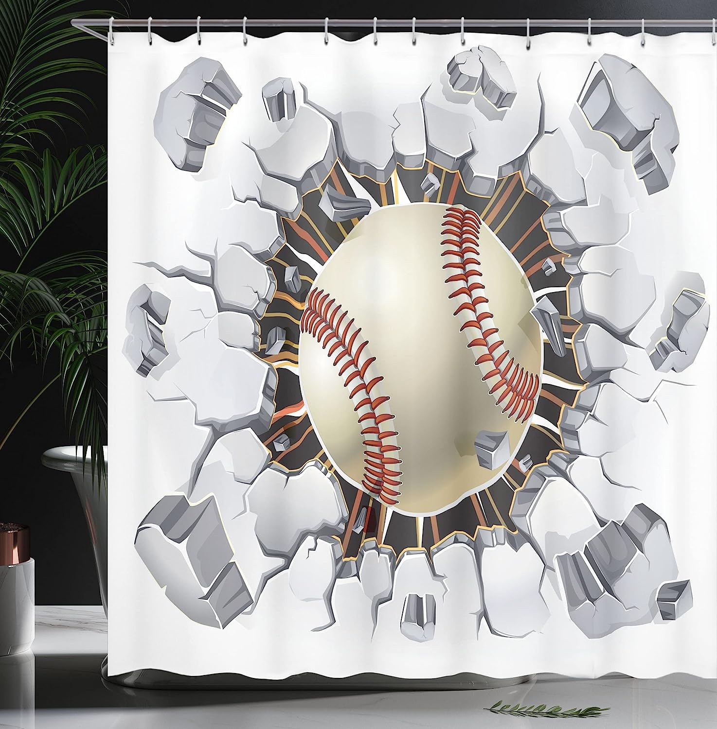 Baseball Concrete Wall Illustration Shower Curtain For Sports Bathroom Decor - Image 3
