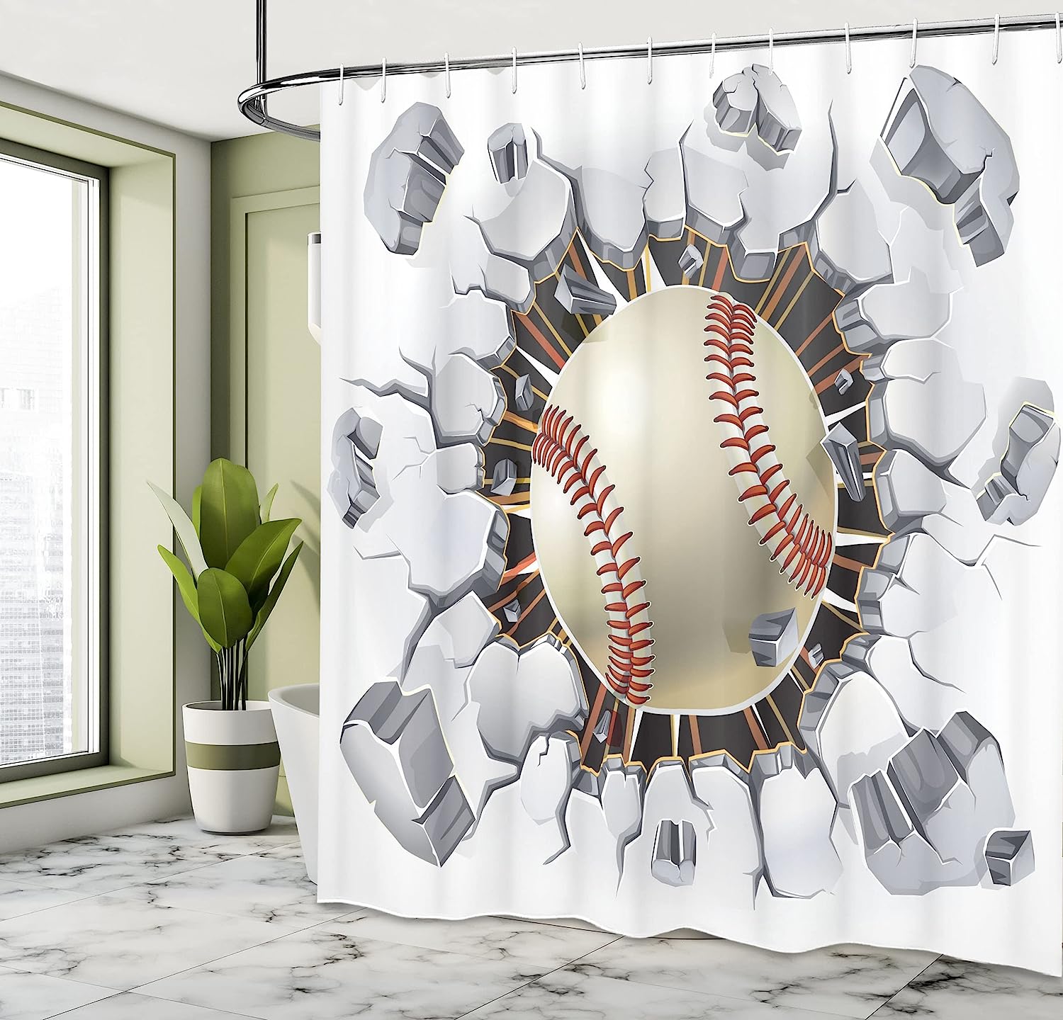 Baseball Concrete Wall Illustration Shower Curtain For Sports Bathroom Decor - Image 4