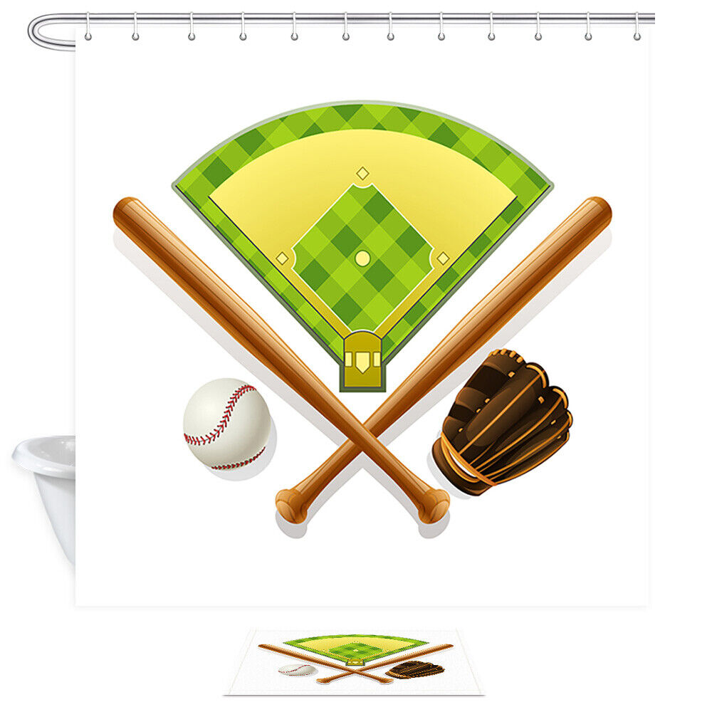 Baseball Field And Equipment Set Decor Shower Curtain Fabric - Image 2