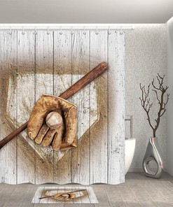 Baseball Glove And Bat Bathroom Decor Fabric Shower Curtain