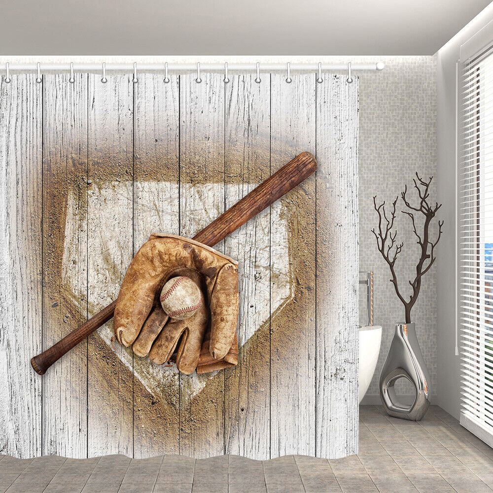 Baseball Glove And Bat Bathroom Decor Fabric Shower Curtain - Image 2