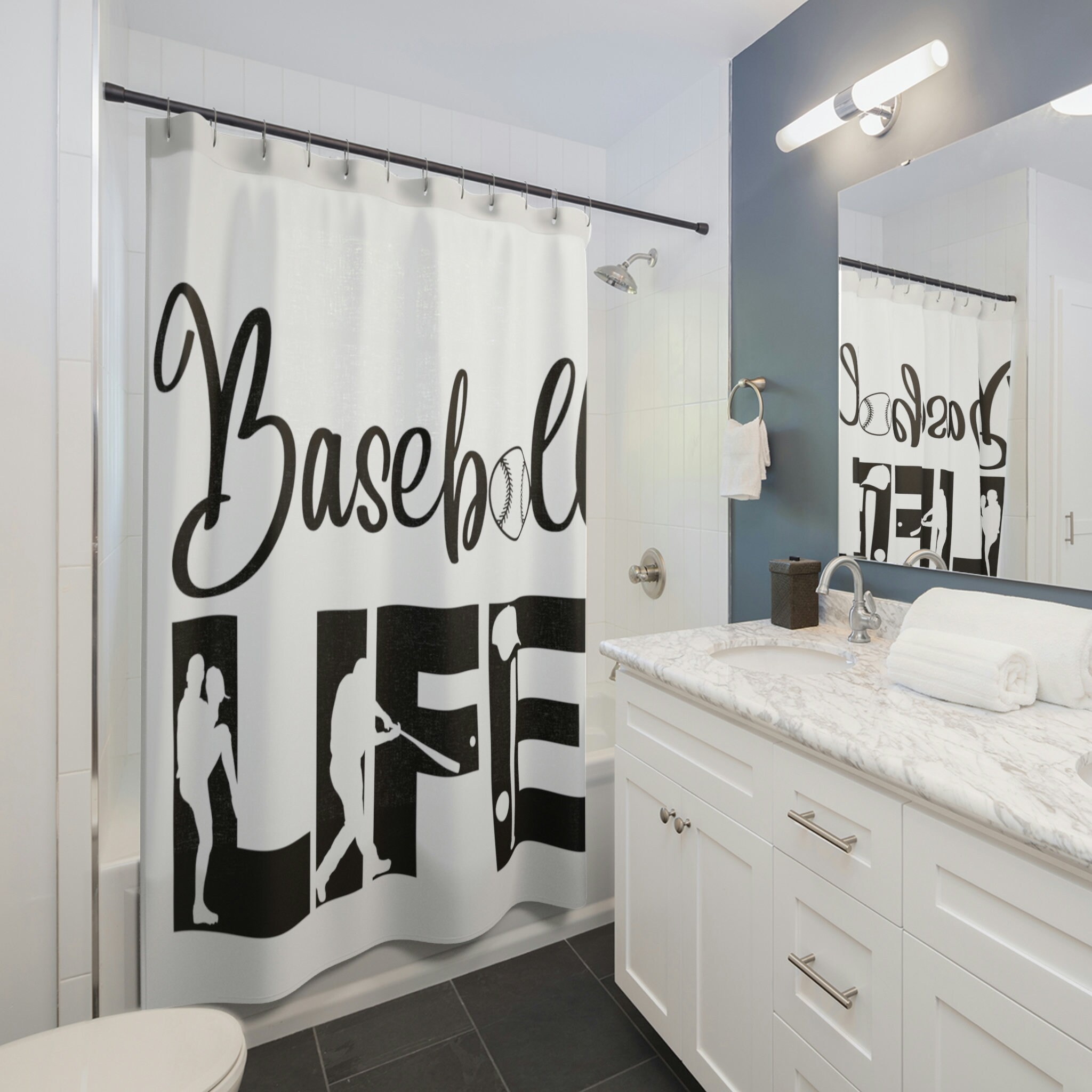Baseball Is Life Quote Shower Curtain- Sports Themed Bathroom Decor