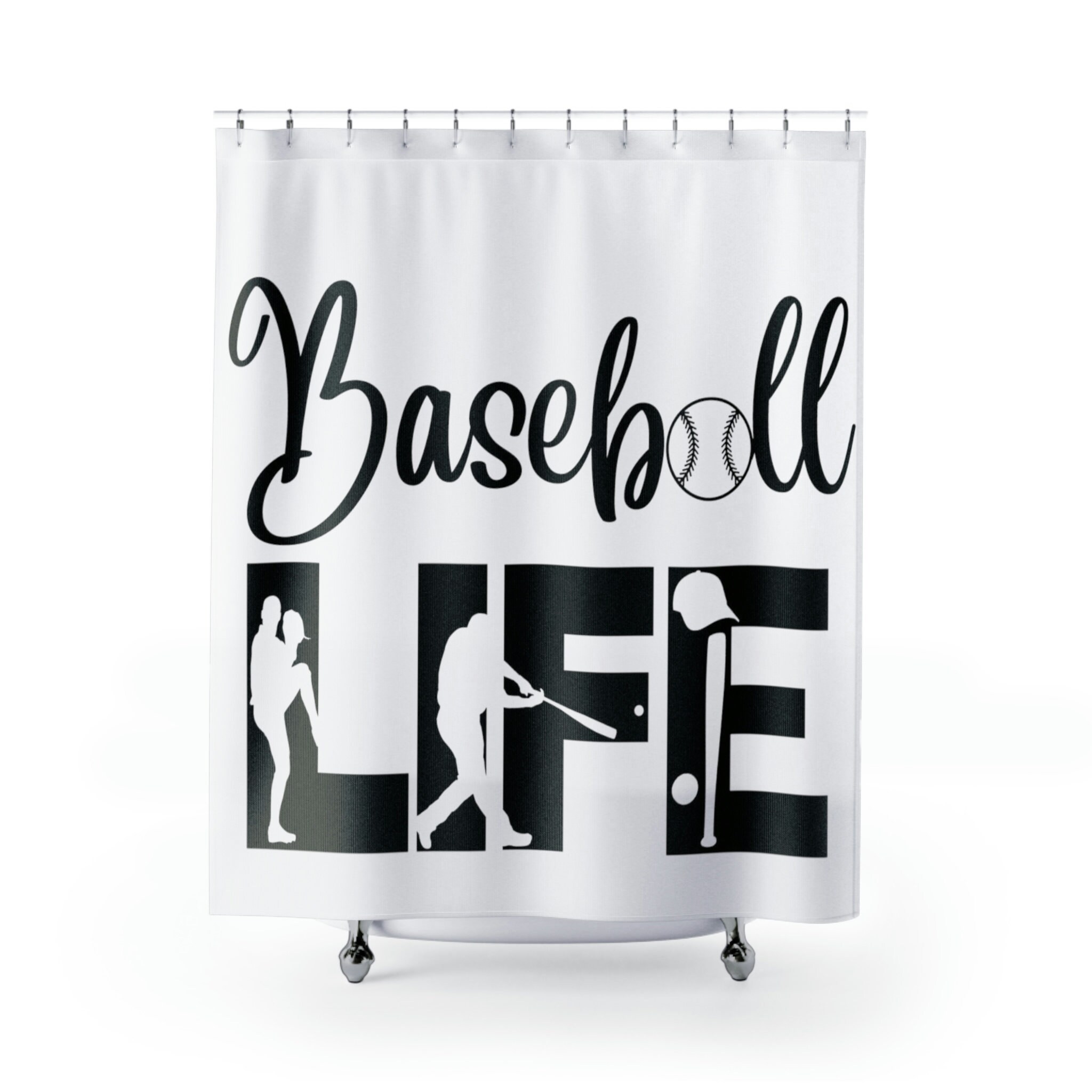 Baseball Is Life Quote Shower Curtain- Sports Themed Bathroom Decor - Image 2