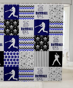 Baseball Patchwork Buffalo Plaid Shower Curtain- Sports Ball Game Theme Waterproof Curtain