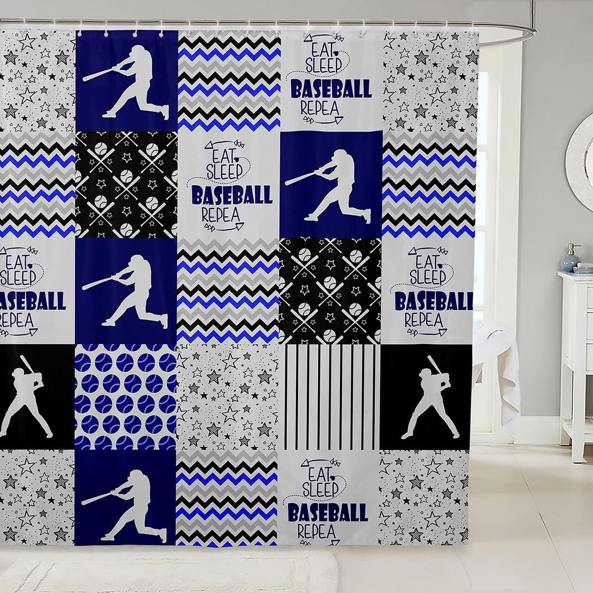 Baseball Patchwork Buffalo Plaid Shower Curtain- Sports Ball Game Theme Waterproof Curtain