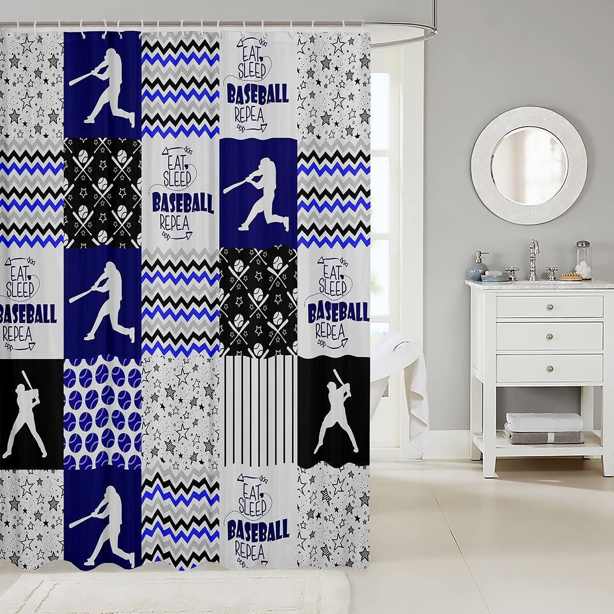 Baseball Patchwork Buffalo Plaid Shower Curtain- Sports Ball Game Theme Waterproof Curtain - Image 2