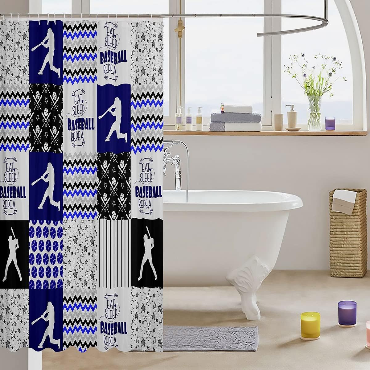 Baseball Patchwork Buffalo Plaid Shower Curtain- Sports Ball Game Theme Waterproof Curtain - Image 3