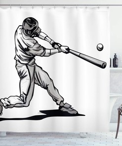 Baseball Player Hitter Swinging Shower Curtain, Cloth Fabric Bathroom Decor in Athlete Sportsman Hand Drawn