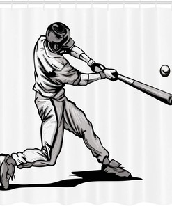 Baseball Player Hitter Swinging Shower Curtain, Cloth Fabric Bathroom Decor in Athlete Sportsman Hand Drawn