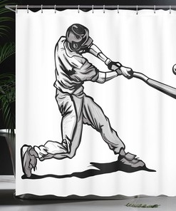Baseball Player Hitter Swinging Shower Curtain, Cloth Fabric Bathroom Decor in Athlete Sportsman Hand Drawn