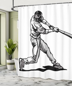Baseball Player Hitter Swinging Shower Curtain, Cloth Fabric Bathroom Decor in Athlete Sportsman Hand Drawn