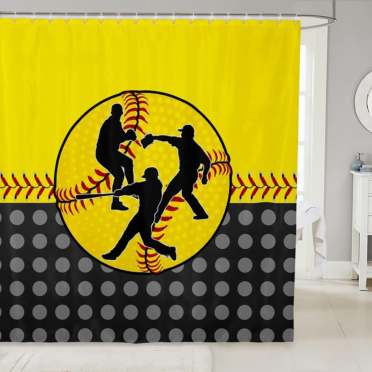 Baseball Player Shower Curtain With Rustproof Hooks For Sports Bathroom Decor