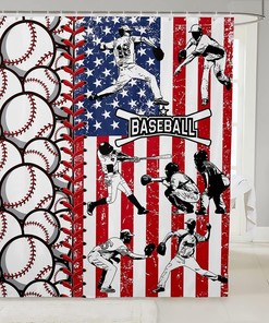 Baseball Shower Curtain With American Flag, Sports Gaming Bath Curtain For Kids Boys Teens Room Decor, Waterproof Fabric