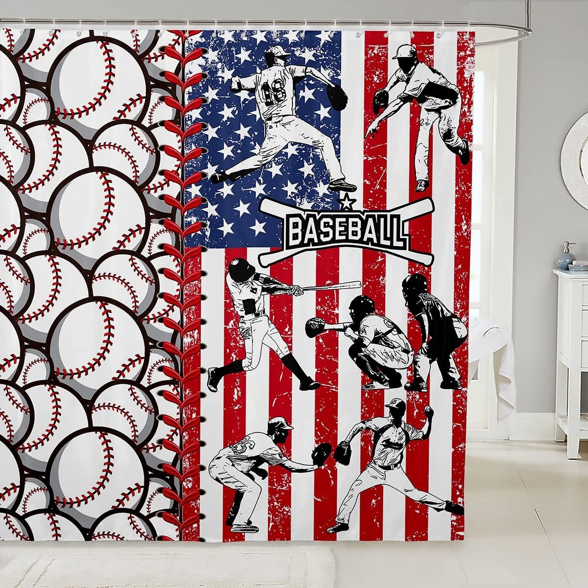 Baseball Shower Curtain With American Flag, Sports Gaming Bath Curtain For Kids Boys Teens Room Decor, Waterproof Fabric