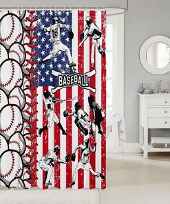 Baseball Shower Curtain With American Flag, Sports Gaming Bath Curtain For Kids Boys Teens Room Decor, Waterproof Fabric