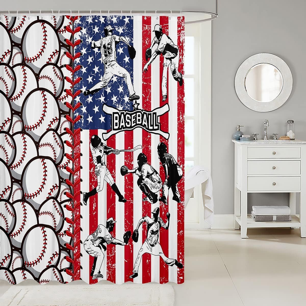 Baseball Shower Curtain With American Flag, Sports Gaming Bath Curtain For Kids Boys Teens Room Decor, Waterproof Fabric