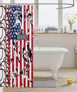 Baseball Shower Curtain With American Flag, Sports Gaming Bath Curtain For Kids Boys Teens Room Decor, Waterproof Fabric