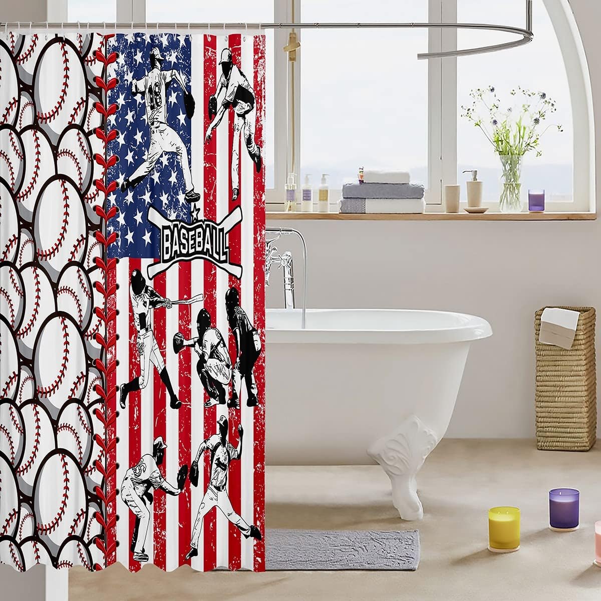 Baseball Shower Curtain With American Flag, Sports Gaming Bath Curtain For Kids Boys Teens Room Decor, Waterproof Fabric