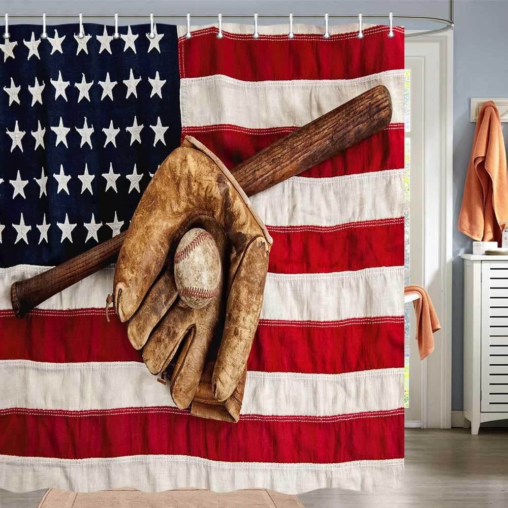 Baseball Sports Grunge Glove Bat Shower Curtain- Vintage League Equipment Theme Bathroom Decor - Image 2
