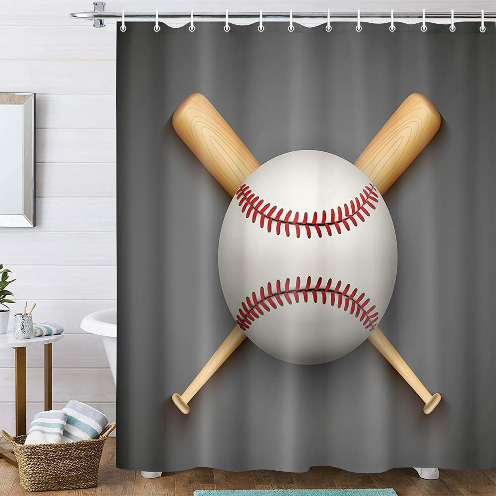 Baseball Sports Leather Ball Print Shower Curtain, Gray Fabric Bathroom Decor by VeiVian