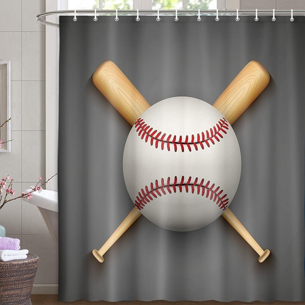 Baseball Sports Leather Ball Print Shower Curtain, Gray Fabric Bathroom Decor by VeiVian