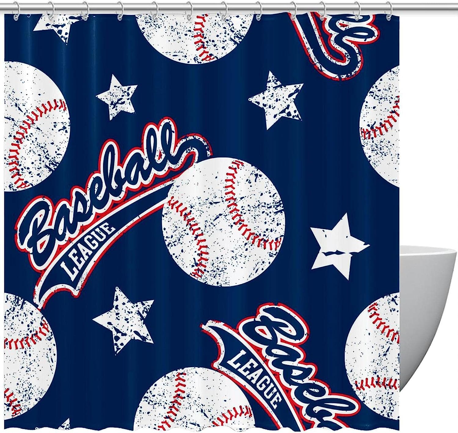 Baseball Stars Print Shower Curtain- Unique Sports Theme Bathroom Decor