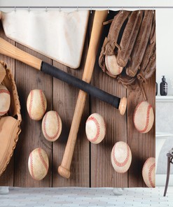 Baseball Themed Bathroom Shower Curtain With Tacos, Balls, And Gloves Print