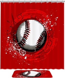 Baseball and Red Background Shower Curtain perfect for Athletic Bathroom 