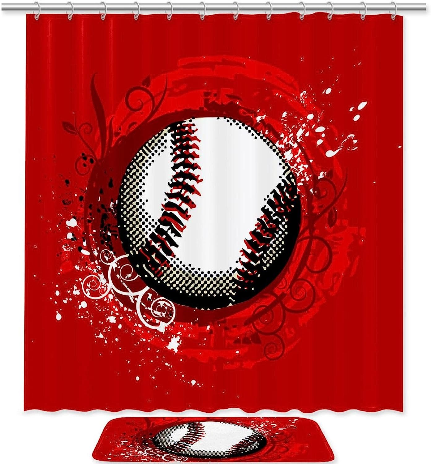 Baseball and Red Background Shower Curtain perfect for Athletic Bathroom