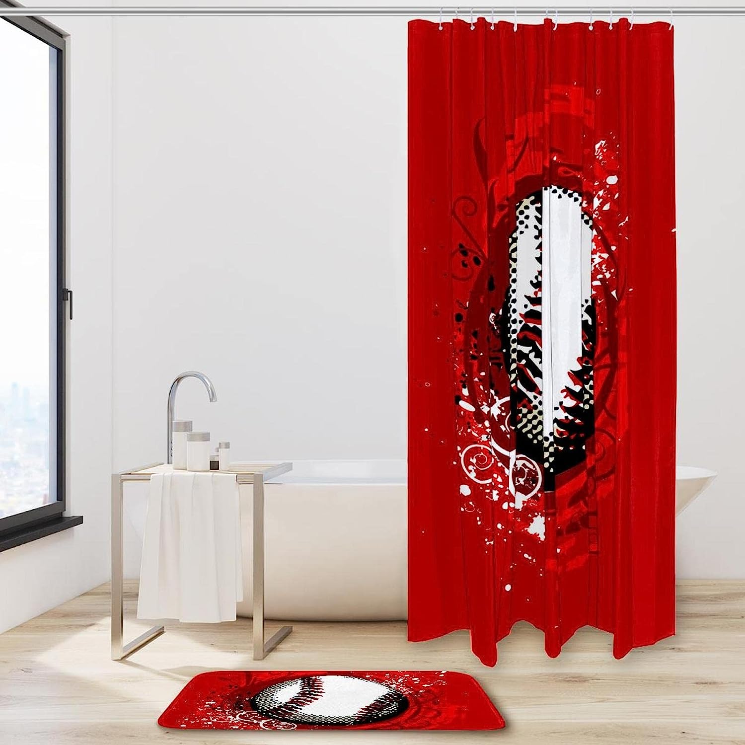 Baseball and Red Background Shower Curtain perfect for Athletic Bathroom
