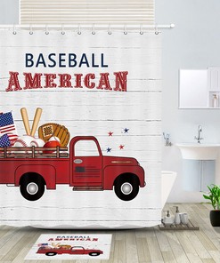 Baseball and Red Truck Print Shower Curtain for Bathroom Decor