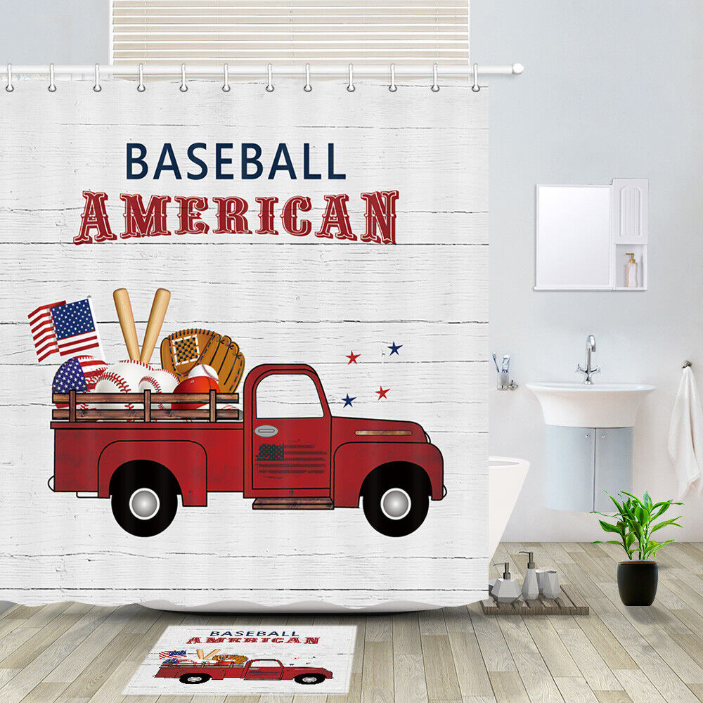Baseball and Red Truck Print Shower Curtain for Bathroom Decor