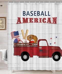 Baseball and Red Truck Print Shower Curtain for Bathroom Decor