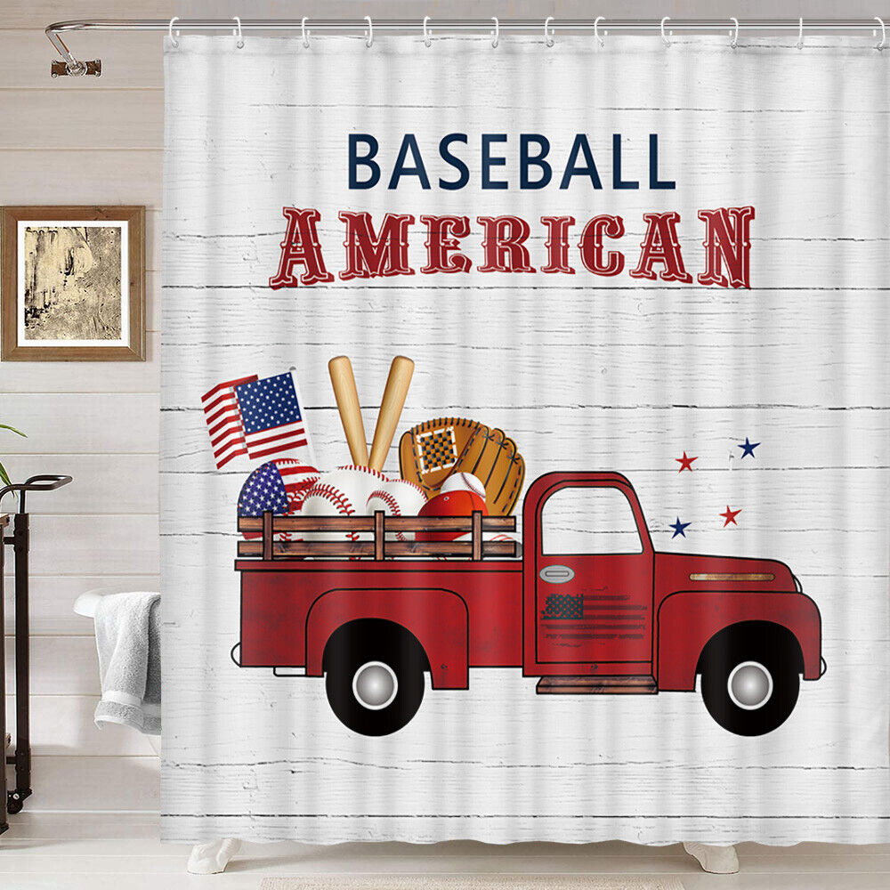 Baseball and Red Truck Print Shower Curtain for Bathroom Decor