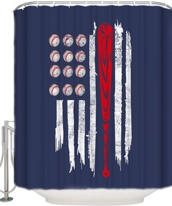Baseballs American Flag Print Shower Curtain, Durable Waterproof Bathroom Decor