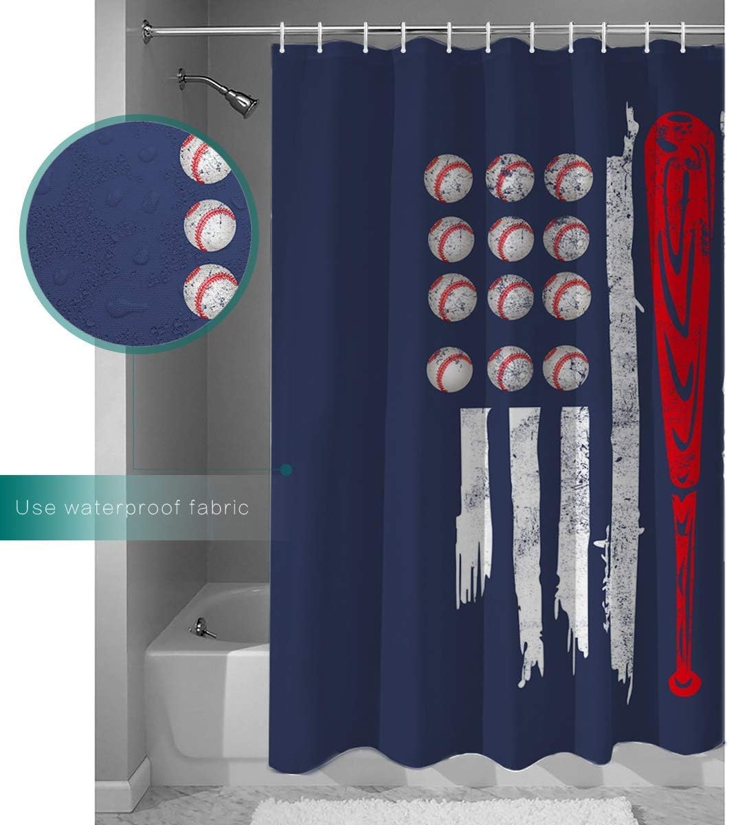 Baseballs American Flag Print Shower Curtain, Durable Waterproof Bathroom Decor