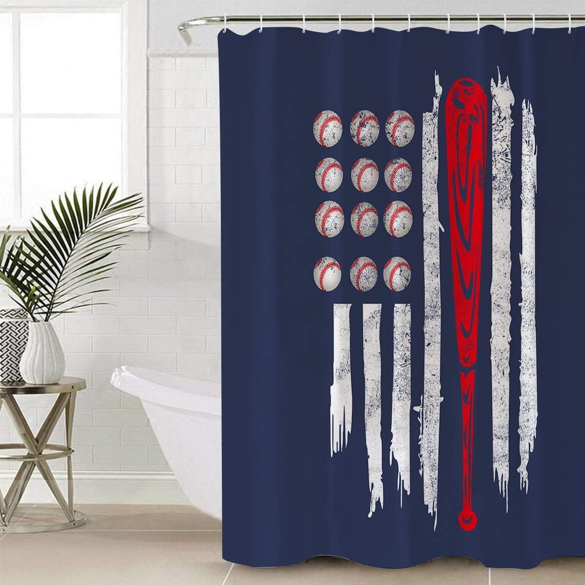Baseballs American Flag Print Shower Curtain, Durable Waterproof Bathroom Decor