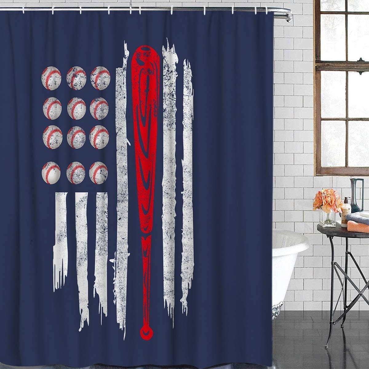 Baseballs American Flag Print Shower Curtain, Durable Waterproof Bathroom Decor
