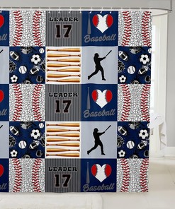 Basefall Plaid Shower Curtain- Sports Ball Print Bath Curtain For Bathtub Waterproof Bathroom Accessory