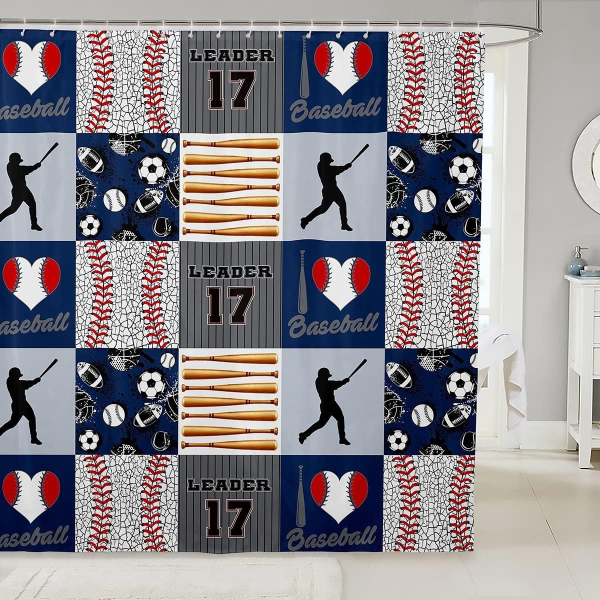 Basefall Plaid Shower Curtain- Sports Ball Print Bath Curtain For Bathtub Waterproof Bathroom Accessory