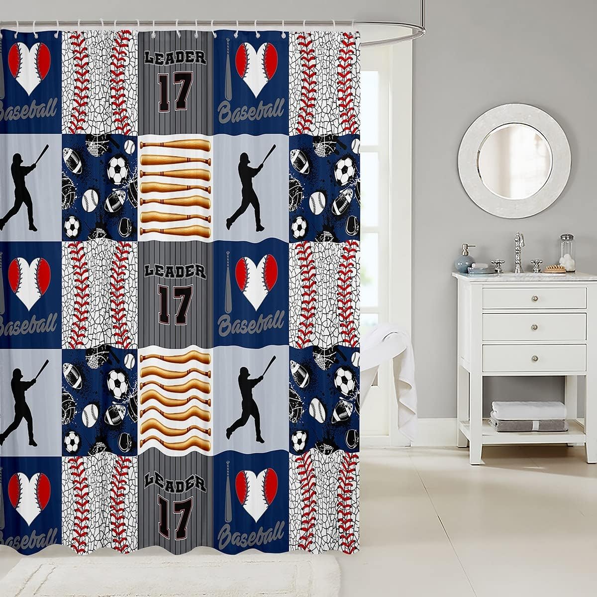 Basefall Plaid Shower Curtain- Sports Ball Print Bath Curtain For Bathtub Waterproof Bathroom Accessory - Image 2