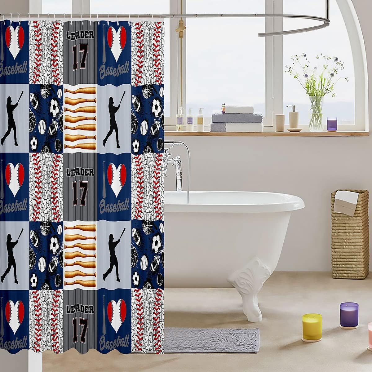 Basefall Plaid Shower Curtain- Sports Ball Print Bath Curtain For Bathtub Waterproof Bathroom Accessory - Image 3
