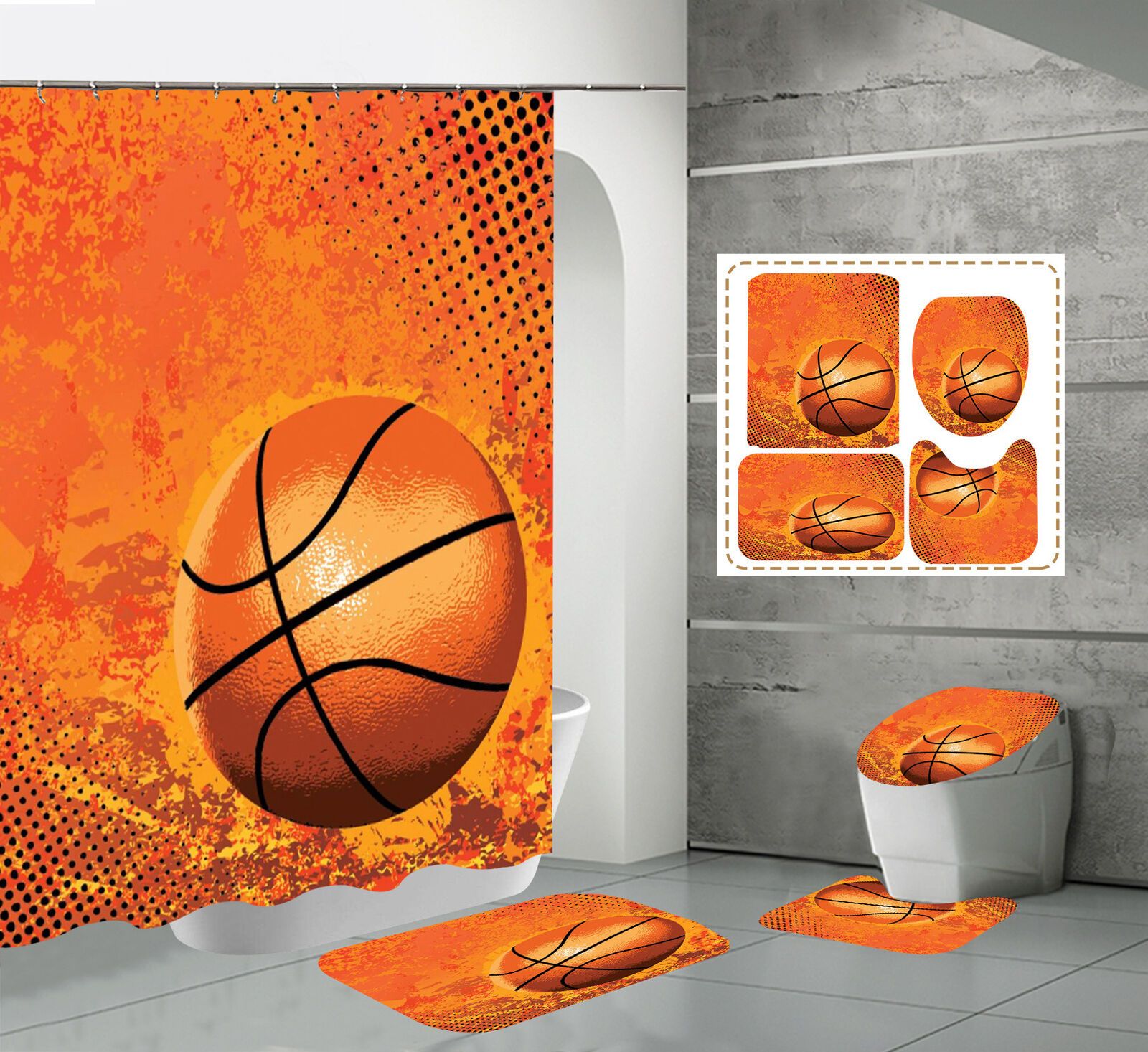 Basketball Ball Print Shower Curtain- Sports Themed Bathroom Decor