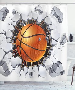 Basketball Concrete Wall Illustration Shower Curtain For Sports Bathroom Decor