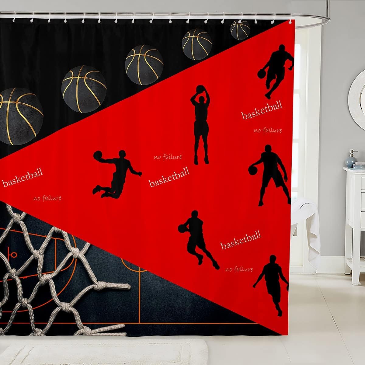 Basketball Court Patchwork Shower Curtain- Modern Sports Game Themed Waterproof Curtain