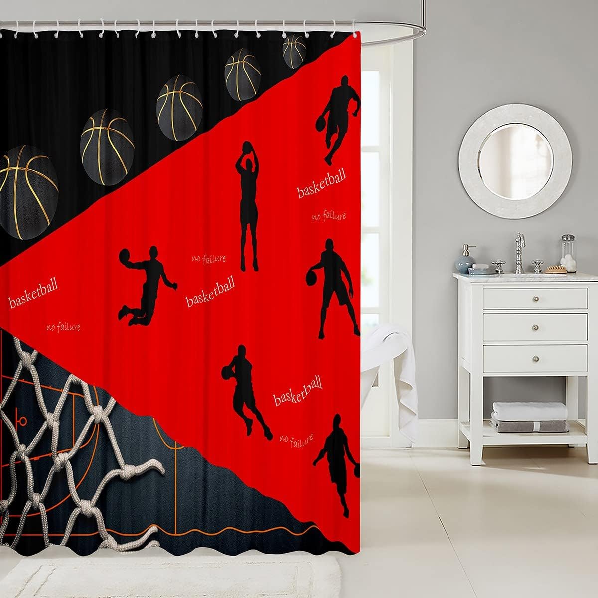 Basketball Court Patchwork Shower Curtain- Modern Sports Game Themed Waterproof Curtain - Image 2